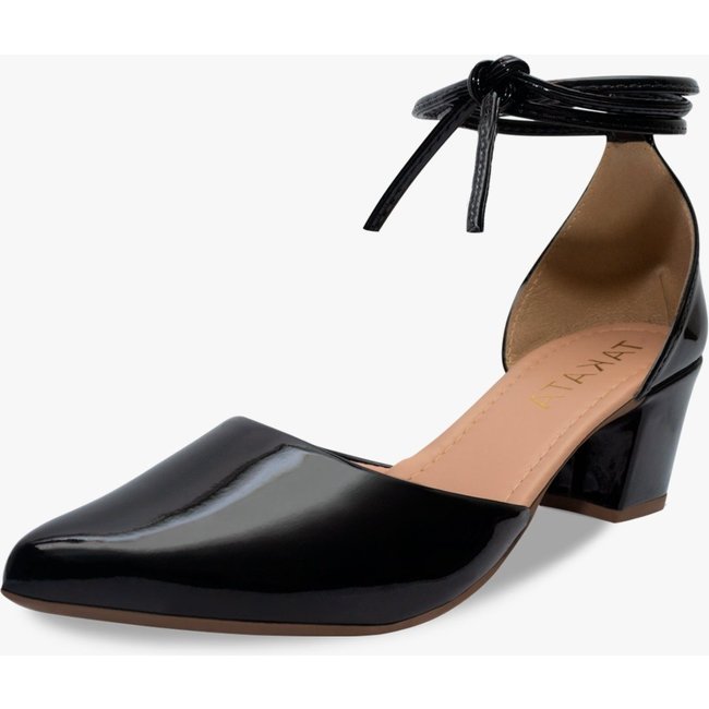 Scarpin Feminino Salomé Salto Baixo Bloco Grosso Tiras Amarração Bico Fino Preto Verniz