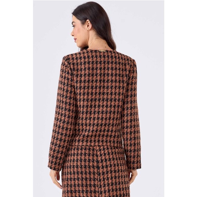 Blazer Curto PKS Alfaiataria Tweed Preto e Marrom