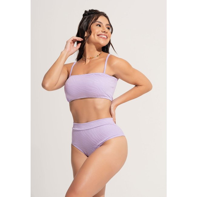 Biquíni Hot Pants Top Faixa Jacquard Cintura Alta Lilás