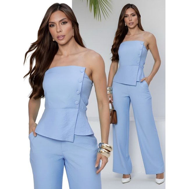 Conjunto Longo Feminino Divina Gata Blusa Tomara que Caia e Calça Pantalona - Azul Sonata