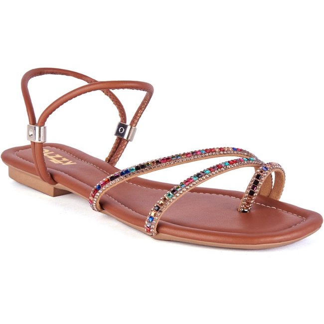 Rasteirinha Feminina Pedrarias Flat Tendencia Brilho Strass Moda Verão Confortável Ozzy Marrom
