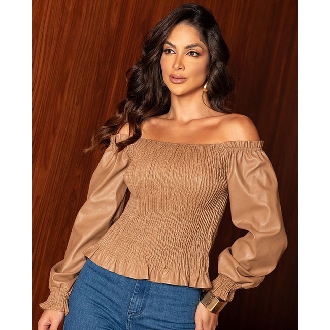 Blusa Material Sintético Ciganinha Feminina Manga Longa 90547 Caqui Consciência