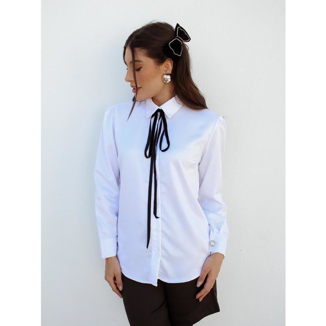 Camisa Feminina Cetim com Laço Veludo Manga Longa Branco