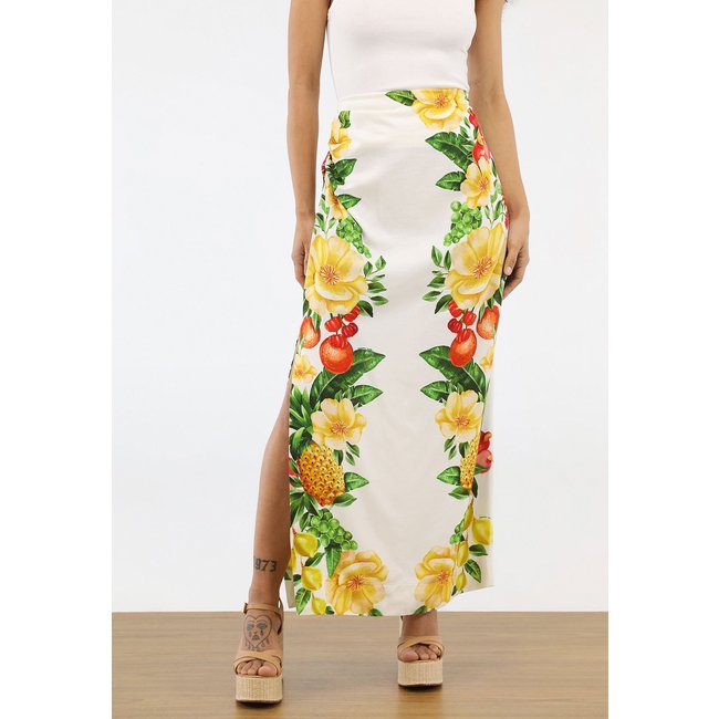 Saia Feminina FARM Estampa Tropical Longa Branca