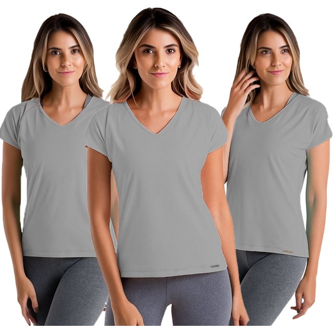 Kit 3 Camisetas Femininas Básicas Gola V Cinza Viscolycra