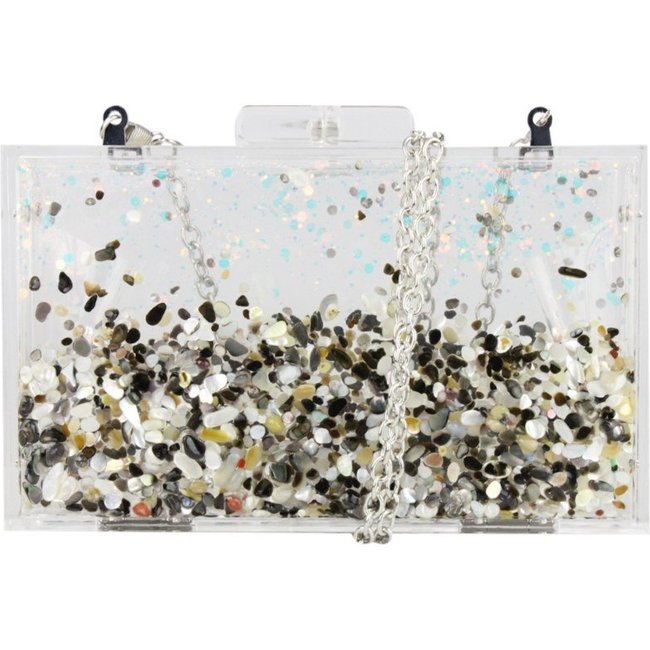 Clutch Crisfael Acrílico com Pedrarias e Brilho Preto