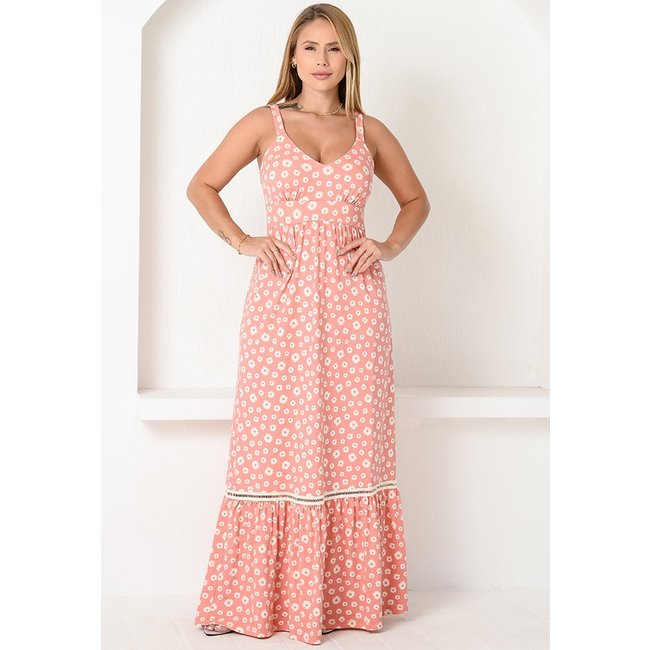 Vestido Longo Alça Barra Guipir com Bojo BBonnie Sarah Floral Rosa