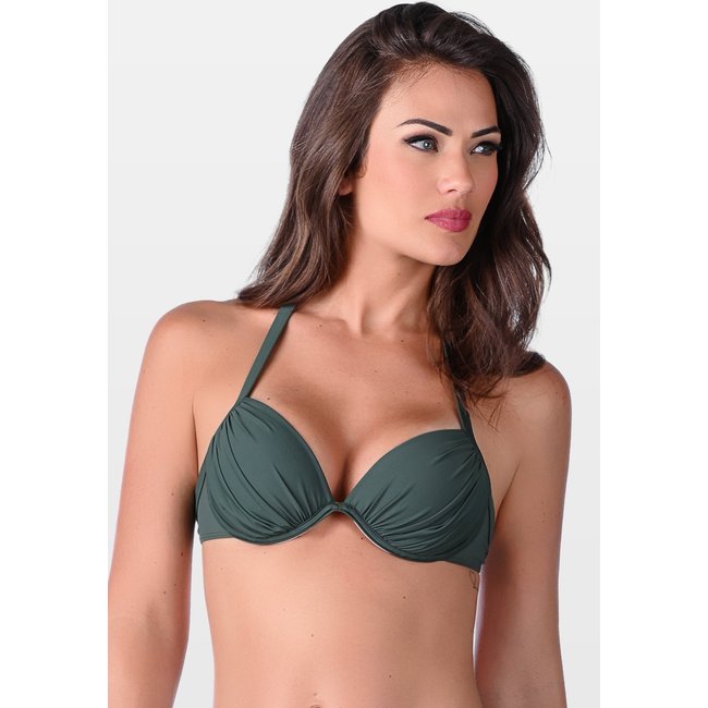 Top Summer Soul Franzido Com Bojo Meia Taça e Aro Com Amarração Verde Escuro
