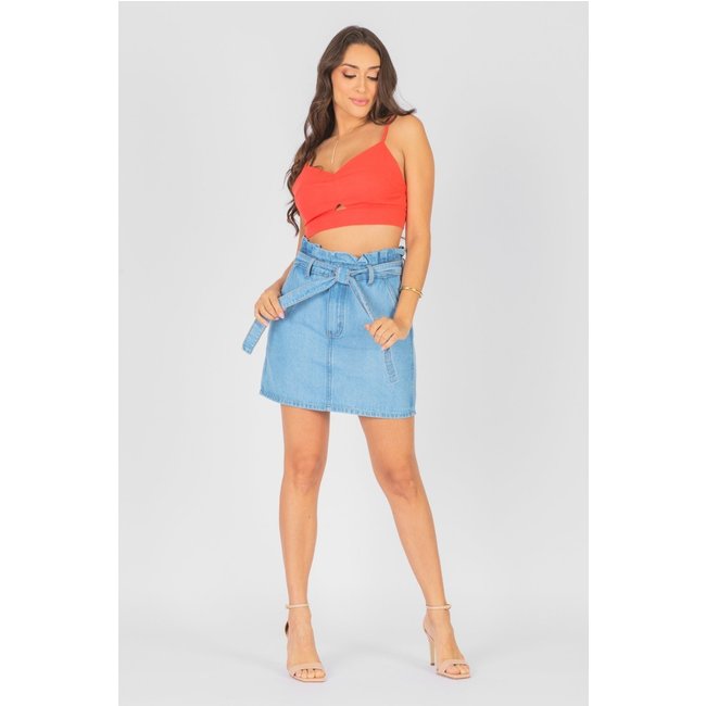 Saia Clochard Jeans Cintura Alta com Cinto