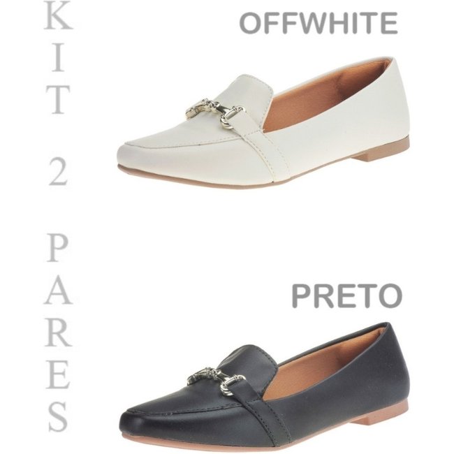 Kit 2 Pares Sapatilha Feminina Mocassim Rasteiro Sapato Bico Quadrado 160 Bege/Preto