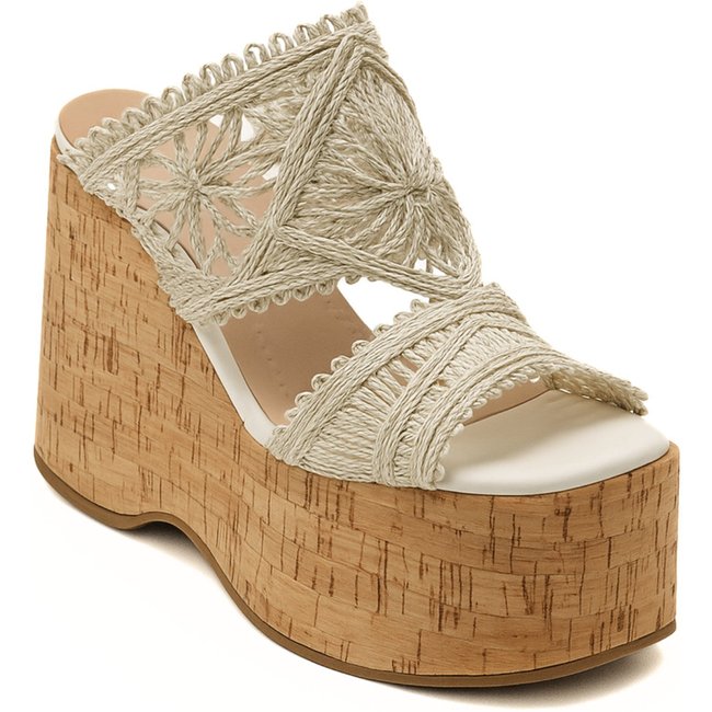 Sandália Feminina Anabela Alta Tamanco Cortiça Com Renda Off White 182177 Hannah Footwear