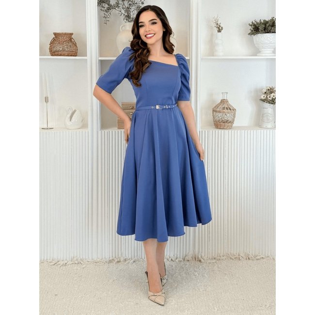 Vestido Midi Social Elegante Decote Quadrado Assimétrico de Festa Convidada Azul