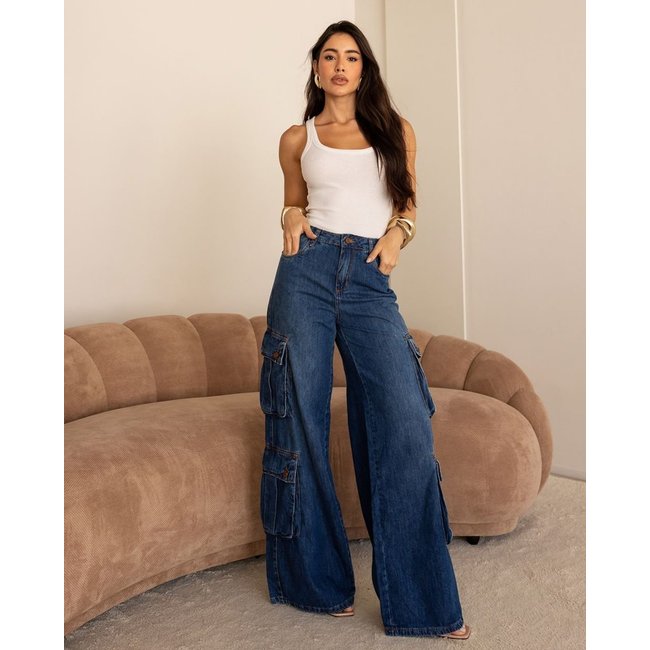 Calça Jeans Wide Leg Feminina Relaxed Cargo 24852 Escura Consciência