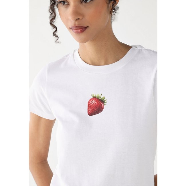 Camiseta Feminina Baby Tee Fiveblu Estampada Strawberry Off White