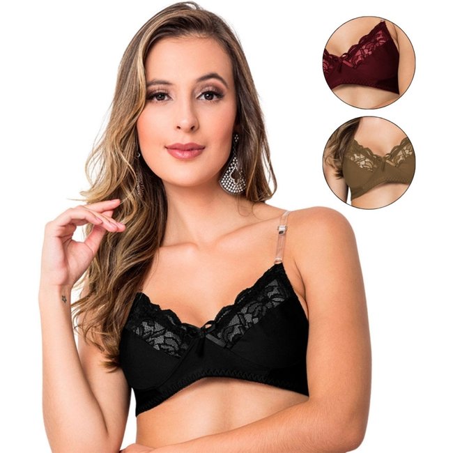 Kit 5 Sutiãs Tetê Variedades Silicone Básico Sem Bojo Lingerie Rendado Transparente