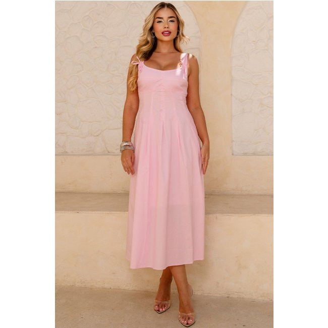 Vestido Ornela C/Pregas C/Detalhe Laco Na Alca Rosa