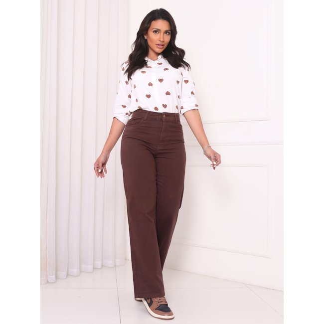 Calça Donna De Paula Wide Leg Marrom Cintura Alta Casual Feminina