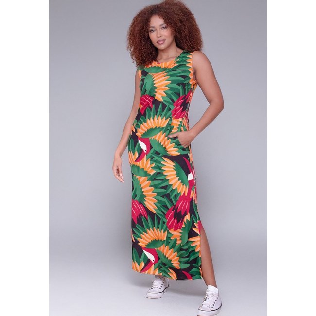 Vestido Longo Cabanafree Plano com Bolso Estampa Festa dos Tucanos