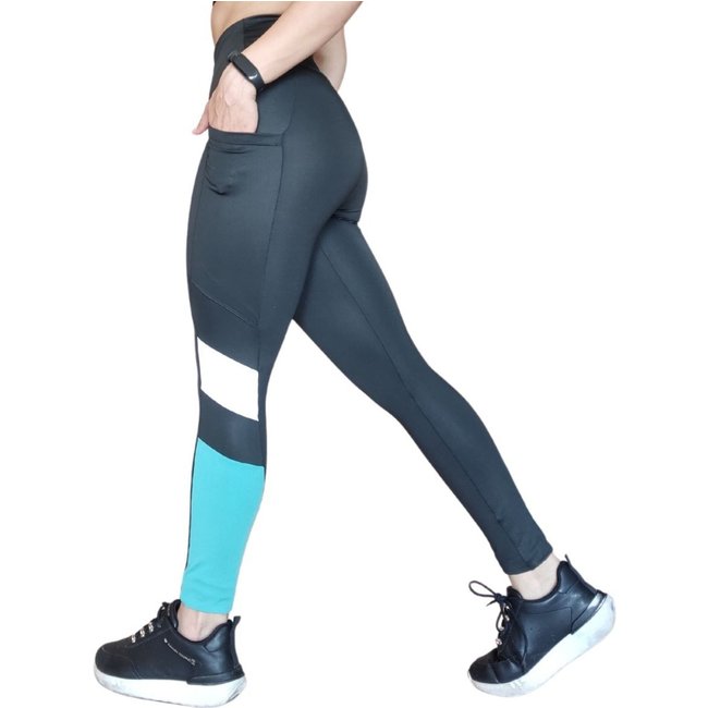 Calça Legging Heide Ribeiro Three Colors Pocket Preto e Verde Piscina