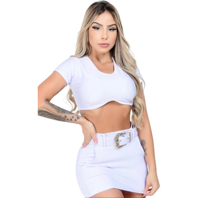 Shorts Saia com cinto fivela dourada Summer Body Cintura Alta Malha Pop Branco