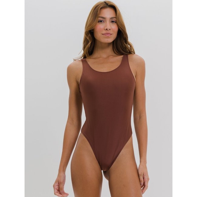 Maiô Body Feminino Regata Decote Costas Abertas Liso Marrom
