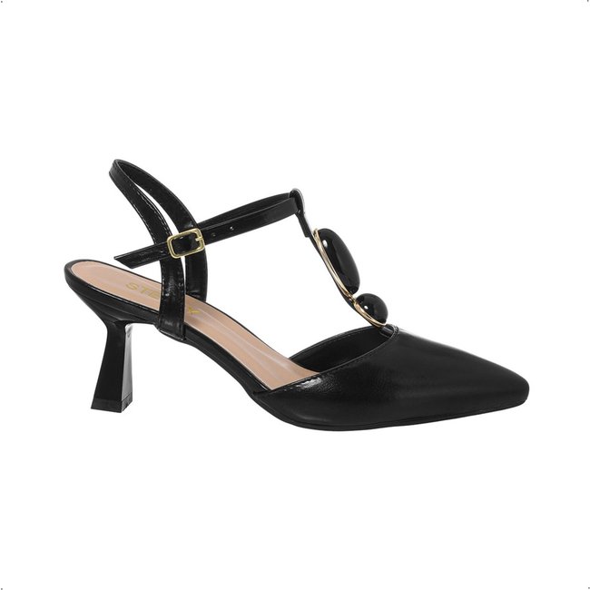 Scarpin Feminino Stessy Slingback Salto Baixo Taça Pedrarias Elegante Preto