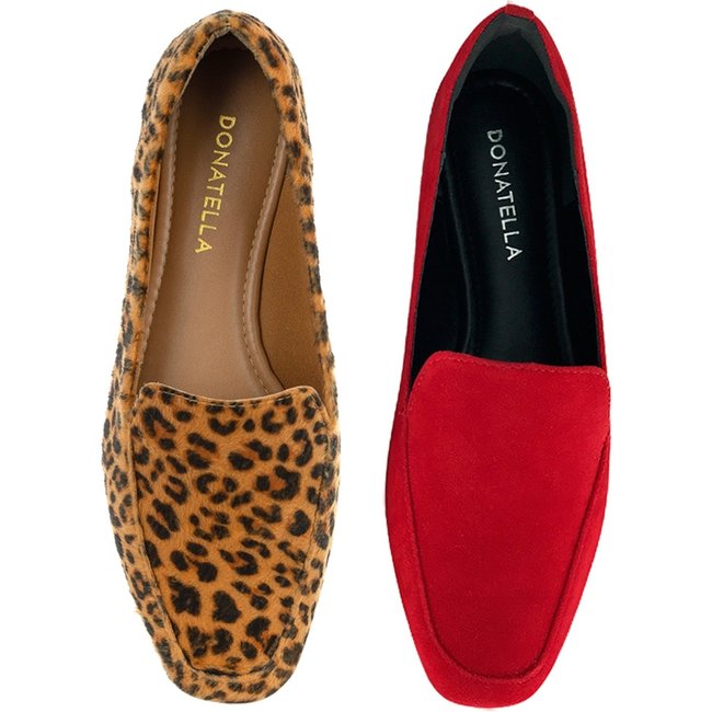 Kit 2 Pares Mocassim Feminino Donatella Shoes Vermelho e Onça Camurça
