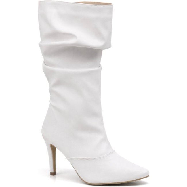 Bota Feminina de Cano Alto Enrugada Salto Fino Clássica 1714 Branca