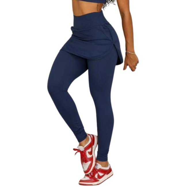 Legging Blackout FMF Com Saia e Bolso Moda Fitness Cintura Alta Azul Marinho Yoga, Pilates e Hyrox