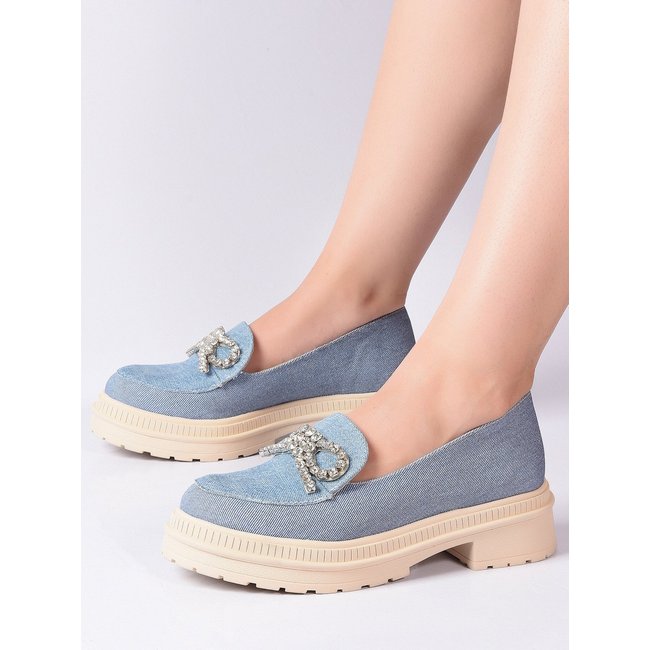 Mocassim Jeans Strass Laço Brilho Sola Tratorado Loafer Salook