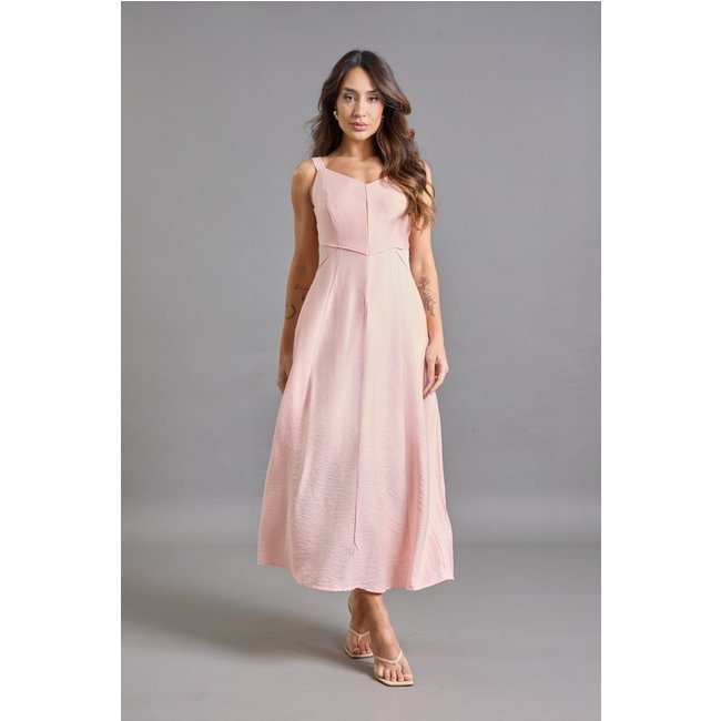 Vestido Midi Feminino Fluido com Alças Reguláveis e Bolsos Laterais Rosa Lemier Collection