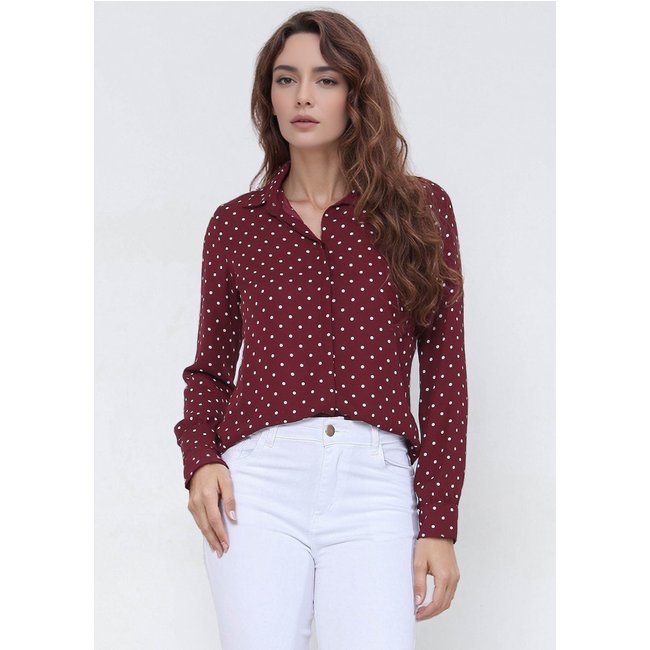 Camisa Intens Manga Longa Crepe Vinho Poá