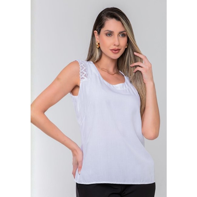 Regata Feminina de Alça com Renda Decote Elegante Moda Verão Branco Docce Mulher