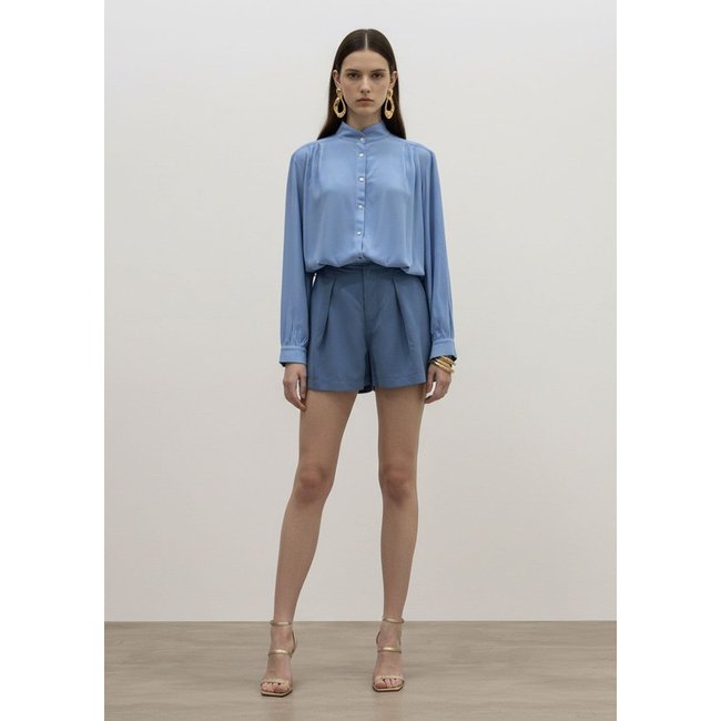 Camisa Iódice Solta Gola Alta Manga Longa Padrão Azul