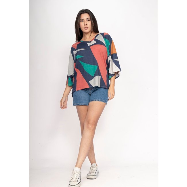 Blusa Amazonia Vital Ampla Morcego Guyrá Manga 3/4 Malha Geometrias do Tempo