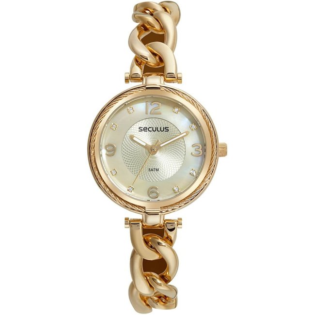 Relógio Seculus Feminino Madrepérola Corrente Dourado Seculus