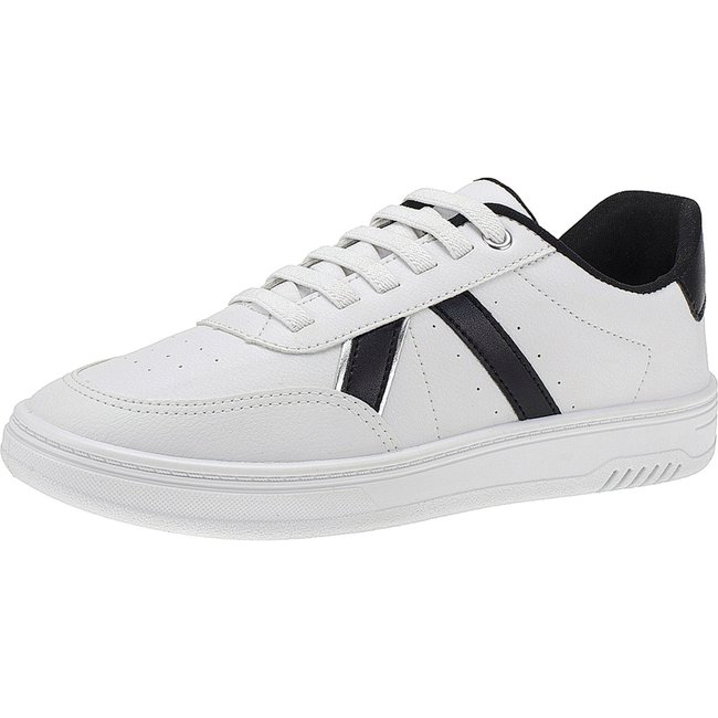 Tênis Lóris Shoes Casual Feminino Detalhe em V Metalizado Cadarço de Elástico Solado Macio 33008 Branco com Preto