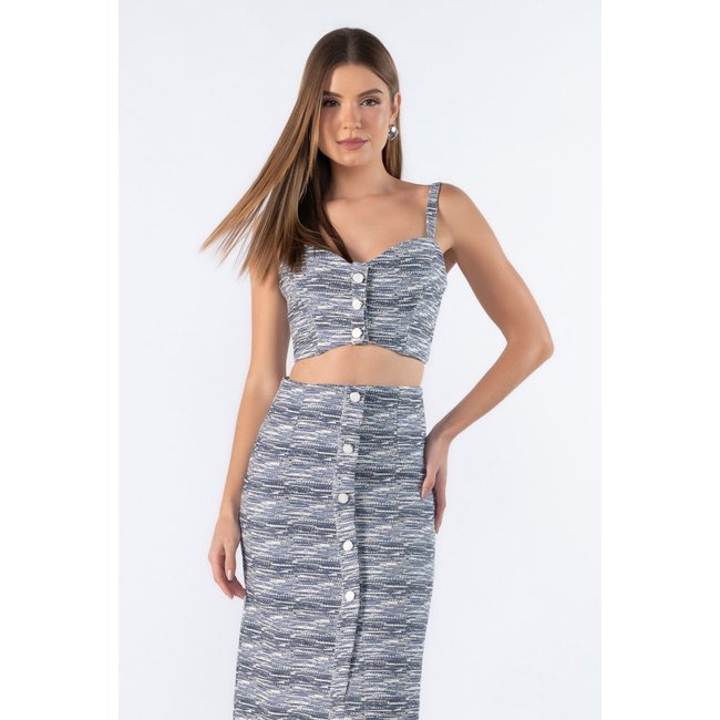Top cropped jacquard com botão perolado Azul