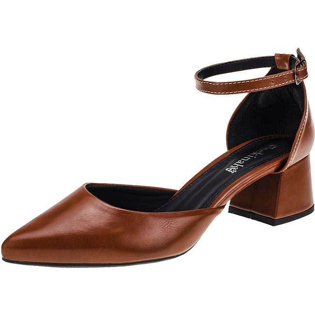 Sapato Feminino Scarpin Bico Fino Salto Bloco Grosso Saia e Blusa Salomé Shekinah Caramelo