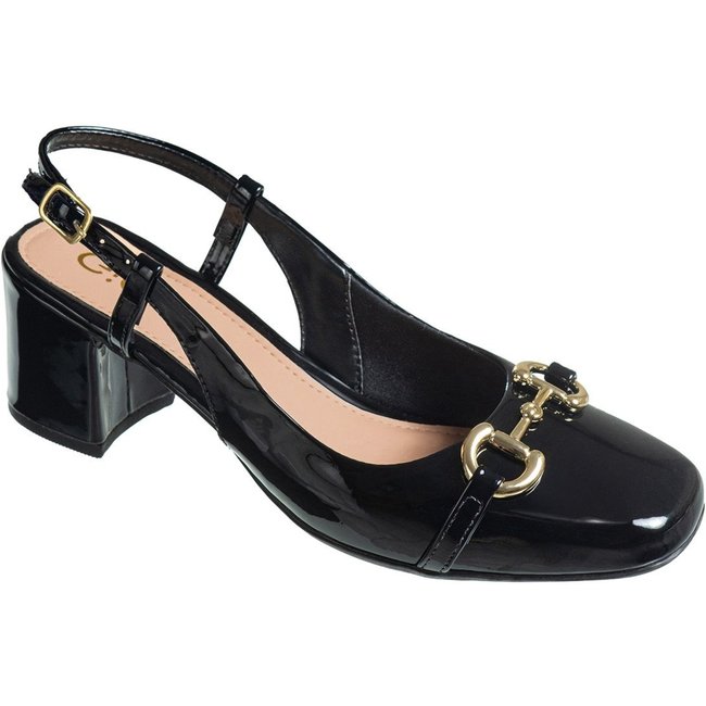 Sandália Feminina GiGiL Scarpin Salto Bloco Slingback Enfeite Bridão Metalizado Preto