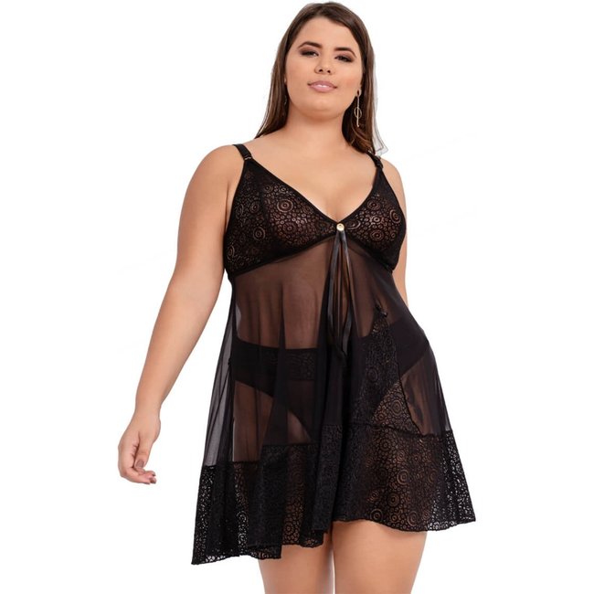 Camisola IMI Lingerie Sem Bojo Em Tule E Renda Com Calcinha Plus Size Aurora Preto