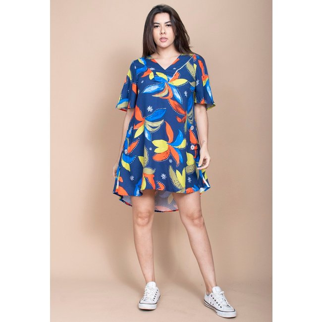 Vestido Curto Cabanafree Pataxô Viscose Mullet Decote V Maré Vibrante