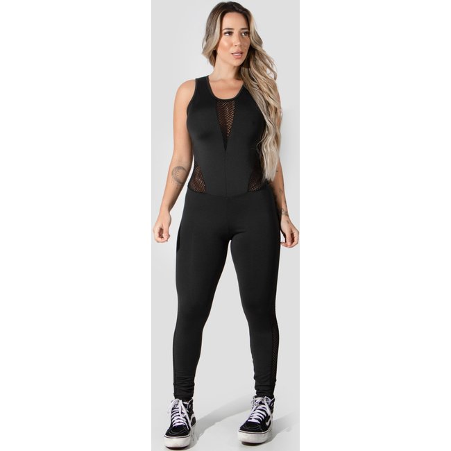 Macacão 4 Estações Tela Fitness Com Decote Esporte Academia Longo Preto