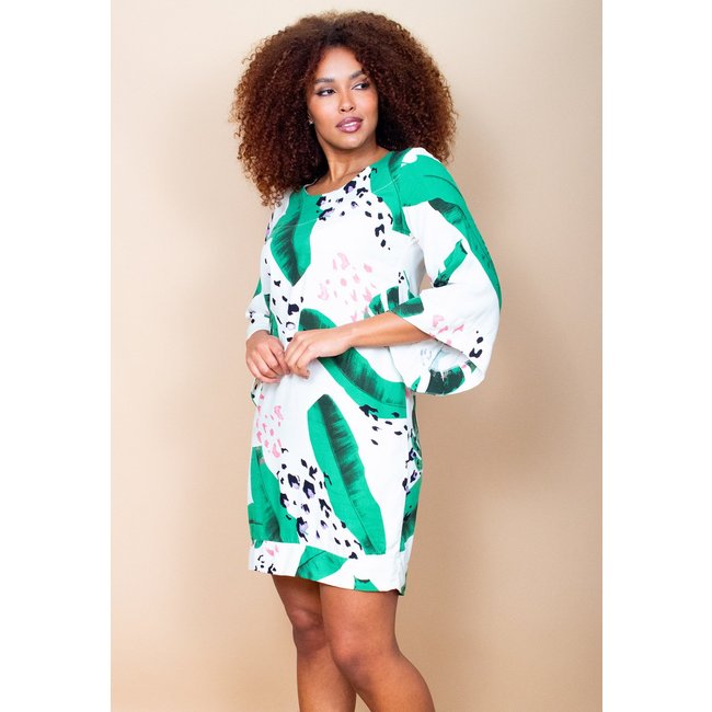 Vestido Curto Cabanafree Balli Manga Ampla Estampa Folhagem Poética