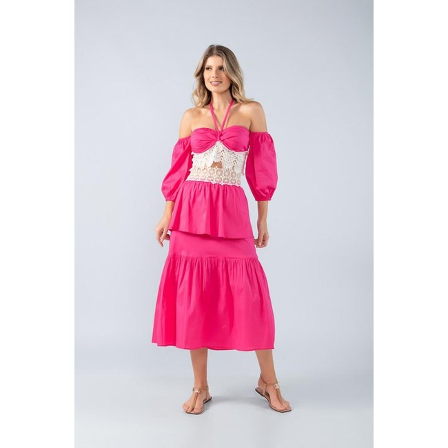Saia midi em algodao e renda cos Rosa