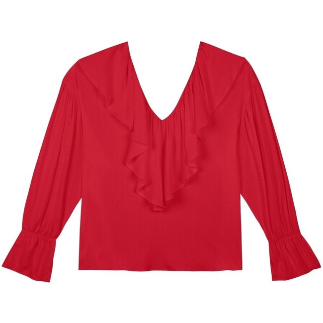 Blusa De Mangas Longas Com Babado E Decote Em V