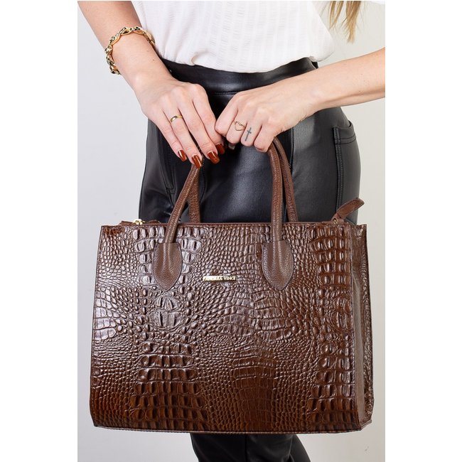 Bolsa Andrea Vinci De Couro Croco Estruturada Valéria - Whisky