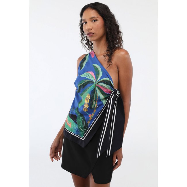 Blusa Feminina FARM Um Ombro Só Estampa Tropical Azul