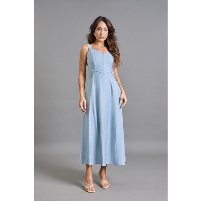 Vestido Midi Feminino Fluido com Alças Reguláveis e Bolsos Laterais Azul Lemier Collection