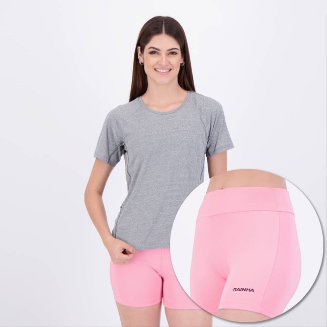 Conjunto Camiseta com Bolso e Bermuda Rainha Feminino Cinza e Rosa